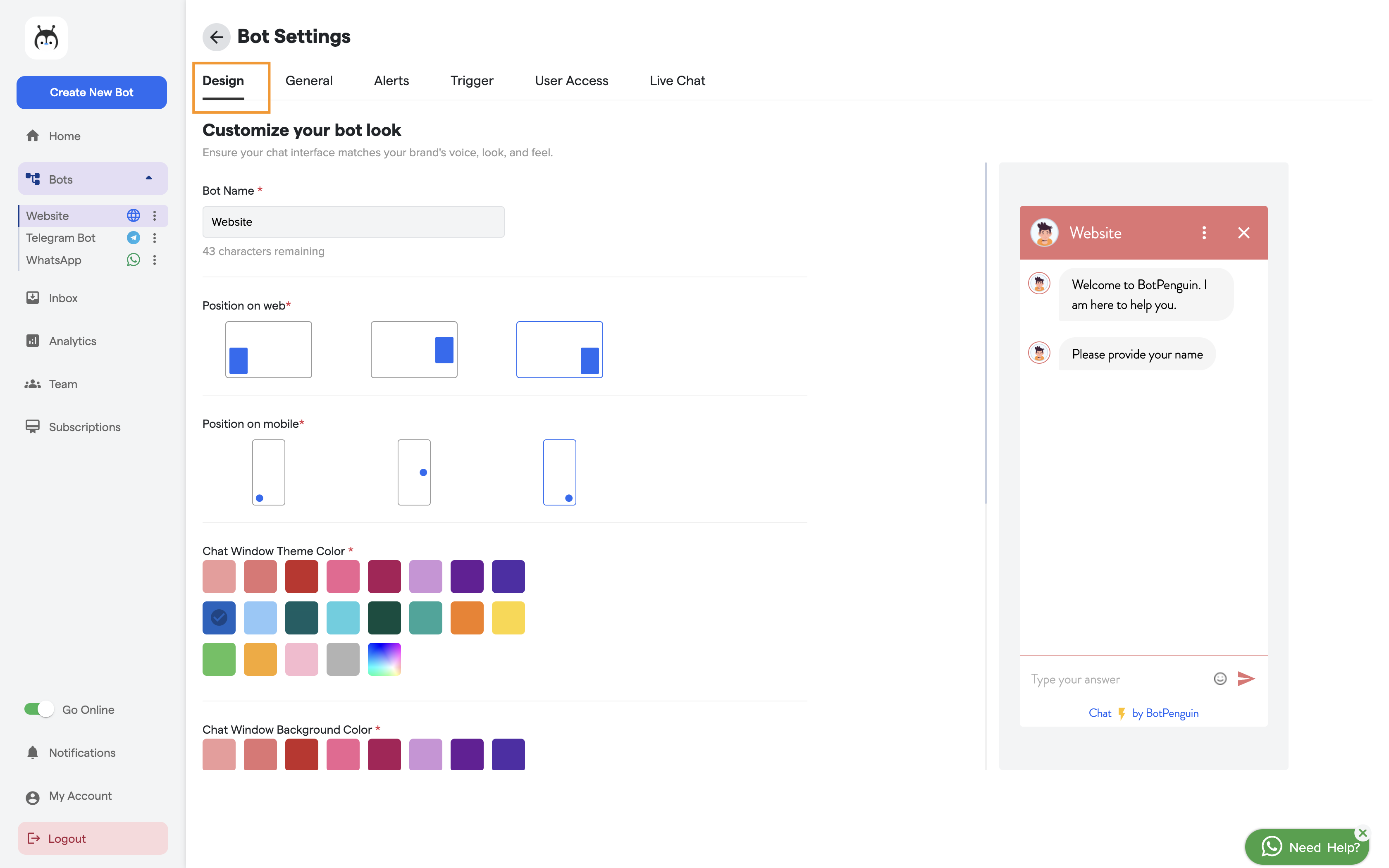 Bot design setting in new BotPenguin UI