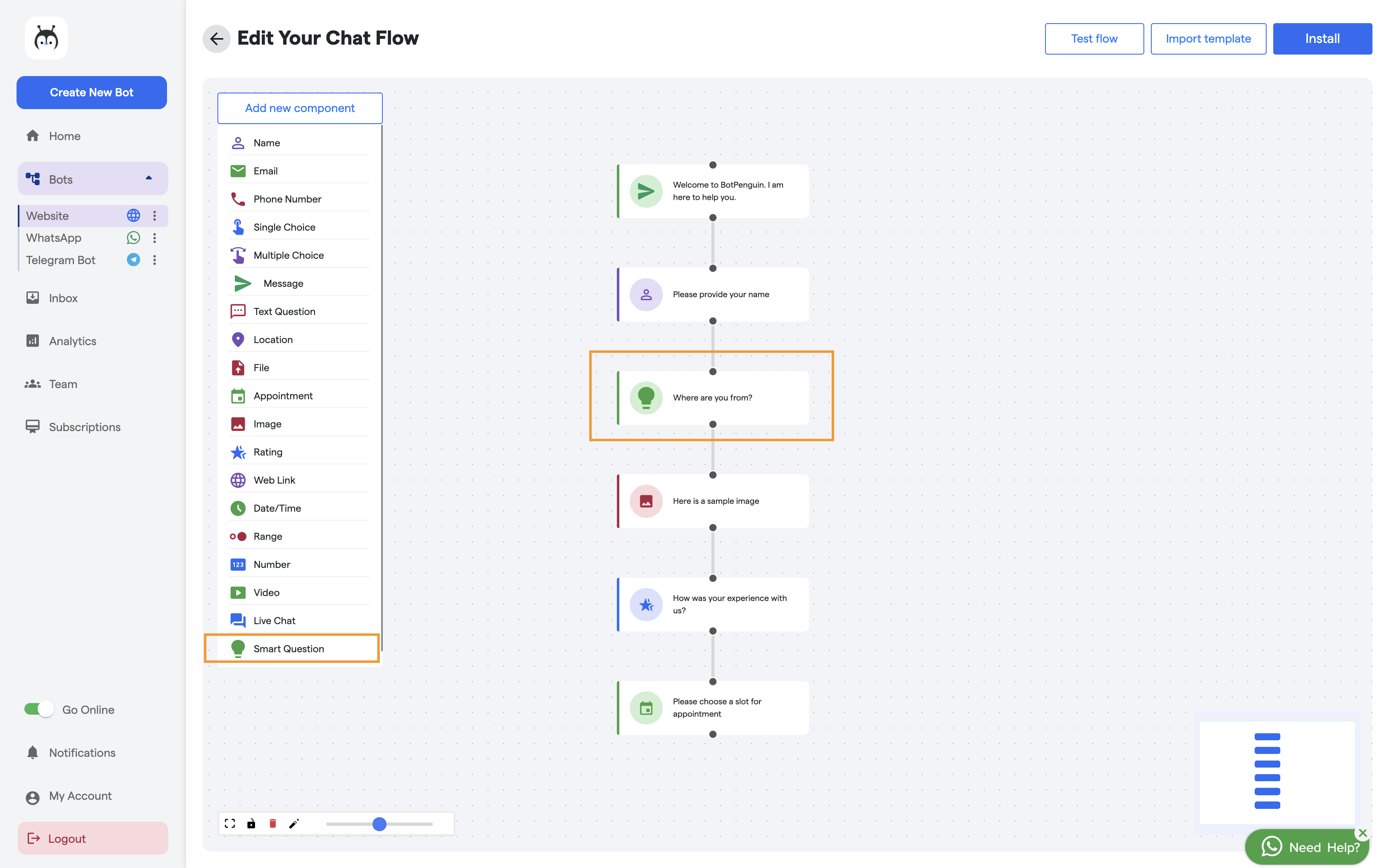 Add smart question using BotPenguin Bot Builder