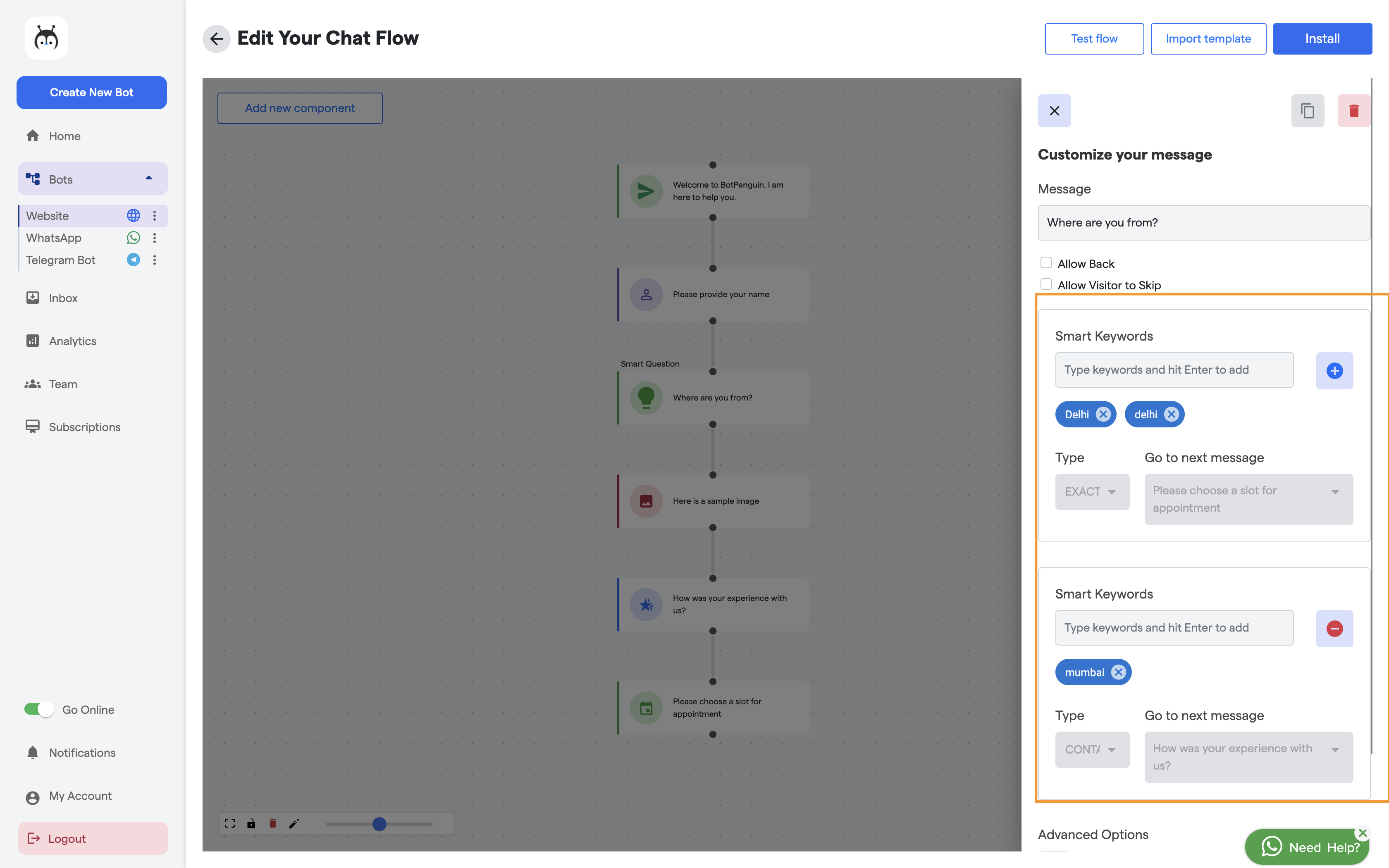 Configure Keywords for the Smart Question in BotPenguin